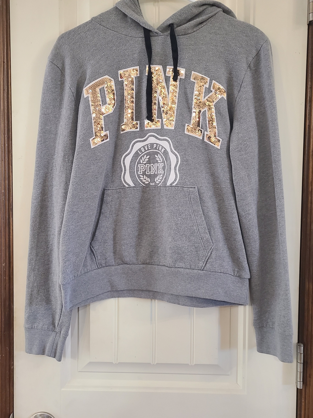 Victoria's Secret PINK Gray Hoodie with Gold Sequin Logo Size M